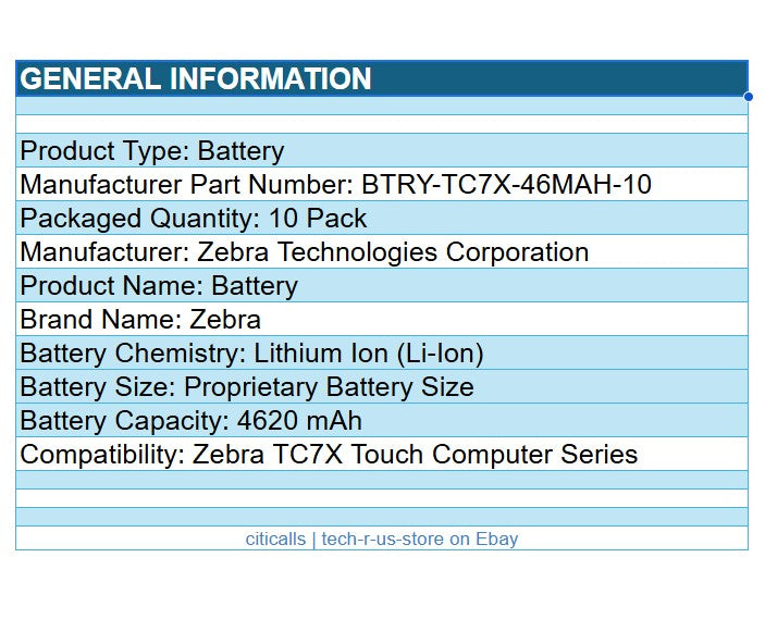 Zebra BTRY-TC7X-46MAH-10 10/Pk Replacement Battery 4620 mAh for TC70 TC75