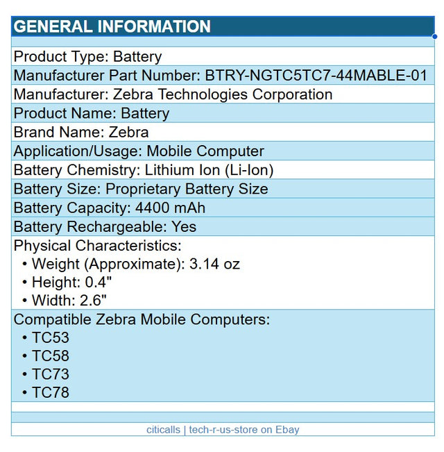 Zebra BTRYNGTC5TC744MABLE0 Repalcement Battery 4400 mAh for TC53 TC58 TC73 TC78