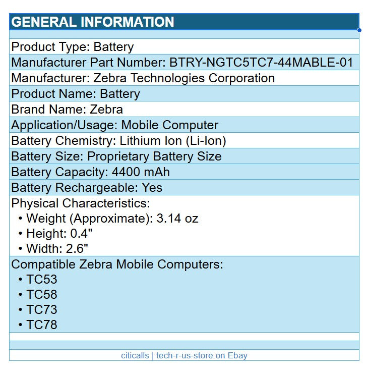 Zebra BTRYNGTC5TC744MABLE0 Repalcement Battery 4400 mAh for TC53 TC58 TC73 TC78