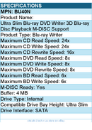 LG BU40N Blu-ray Writer - Internal - SATA - Ultra Slim - 8x Writing Speed