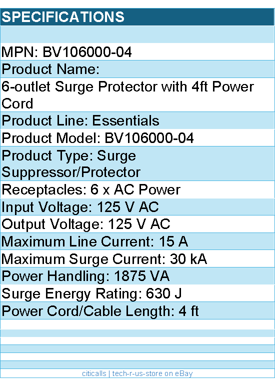 Belkin BV106000-04 6 Outlet Surge Protector with 4ft Power Cord - 630 Joules