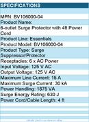 Belkin BV106000-04 6 Outlet Surge Protector with 4ft Power Cord - 630 Joules