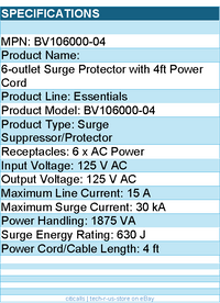 Belkin BV106000-04 6 Outlet Surge Protector with 4ft Power Cord - 630 Joules