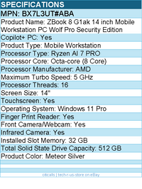 HP BX7L3UT#ABA ZBook 8 G1ak 14" Touchscreen Copilot+ PC Mobile Workstation