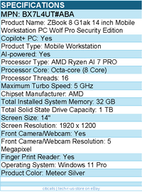 HP BX7L4UT#ABA ZBook 8 G1ak 14" Copilot+ PC Mobile Workstation - Meteor Silver