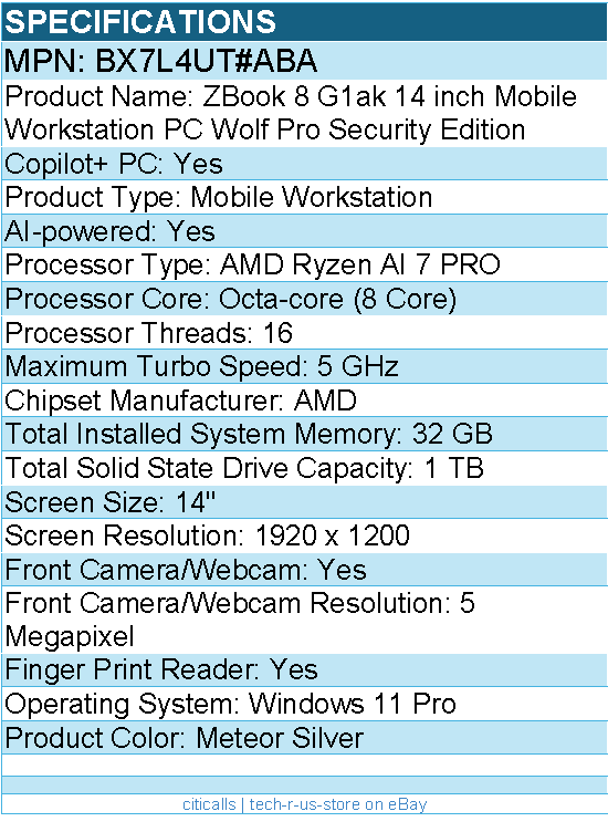 HP BX7L4UT#ABA ZBook 8 G1ak 14" Copilot+ PC Mobile Workstation - Meteor Silver