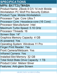 HP BX7T2UT#ABA ZBook 8 G1i 14" Mobile Workstation - Intel Core Ultra 7