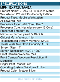 HP BX7T2UT#ABA ZBook 8 G1i 14" Mobile Workstation - Intel Core Ultra 7 255H
