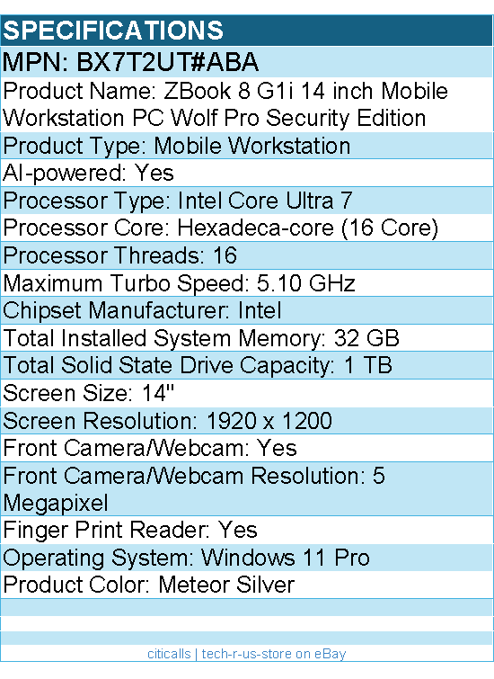 HP BX7T2UT#ABA ZBook 8 G1i 14" Mobile Workstation - Intel Core Ultra 7 255H