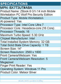 HP BX7T3UT#ABA ZBook 8 G1i 14" Mobile Workstation - Intel Core Ultra 7 265H