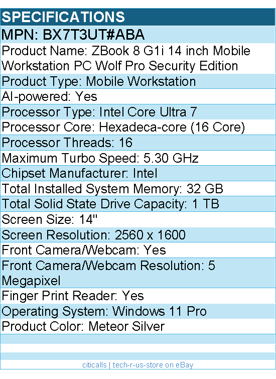 HP BX7T3UT#ABA ZBook 8 G1i 14" Mobile Workstation - Intel Core Ultra 7 265H