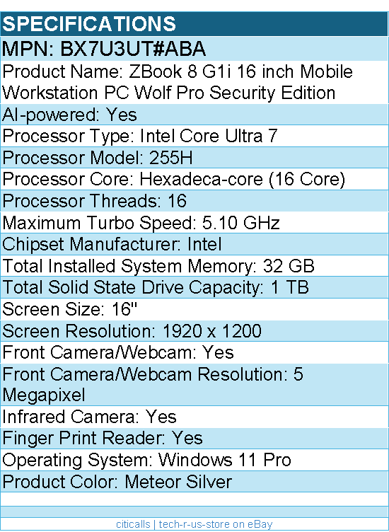 HP BX7U3UT#ABA ZBook 8 G1i 16" Mobile Workstation - Intel Core Ultra 7