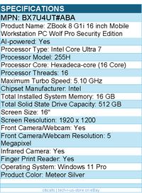 HP BX7U4UT#ABA ZBook 8 G1i 16" Mobile Workstation - Intel Core Ultra 7 255H
