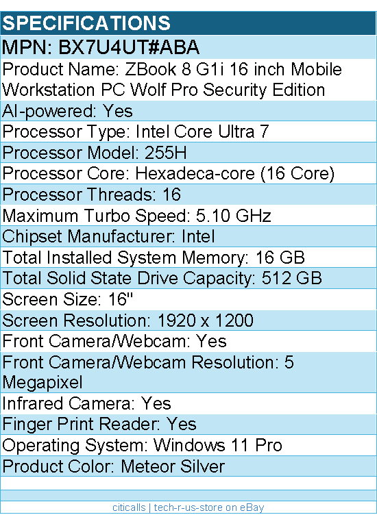 HP BX7U4UT#ABA ZBook 8 G1i 16" Mobile Workstation - Intel Core Ultra 7 255H