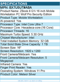 HP BX7U5UT#ABA ZBook 8 G1i 16" Mobile Workstation - Intel Core Ultra 7 265H