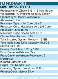 HP BX7V4UT#ABA ZBook 8 G1i 16" Mobile Workstation - Intel Core Ultra 7 265H