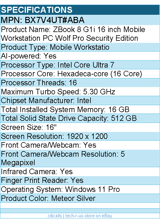 HP BX7V4UT#ABA ZBook 8 G1i 16" Mobile Workstation - Intel Core Ultra 7 265H