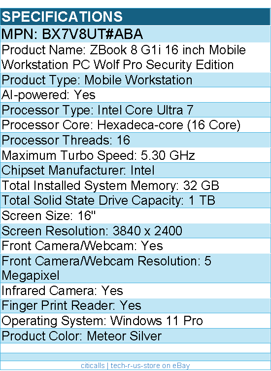 HP BX7V8UT#ABA ZBook 8 G1i 16" Mobile Workstation - Intel Core Ultra 7 265