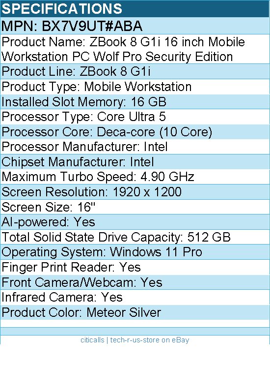 HP BX7V9UT#ABA ZBook 8 G1i 16" Mobile Workstation - WUXGA - Intel Core Ultra 5
