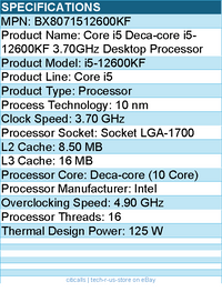 Intel BX8071512600KF Core i5 i5-12600KF (10 Core) 3.70 GHz Processor
