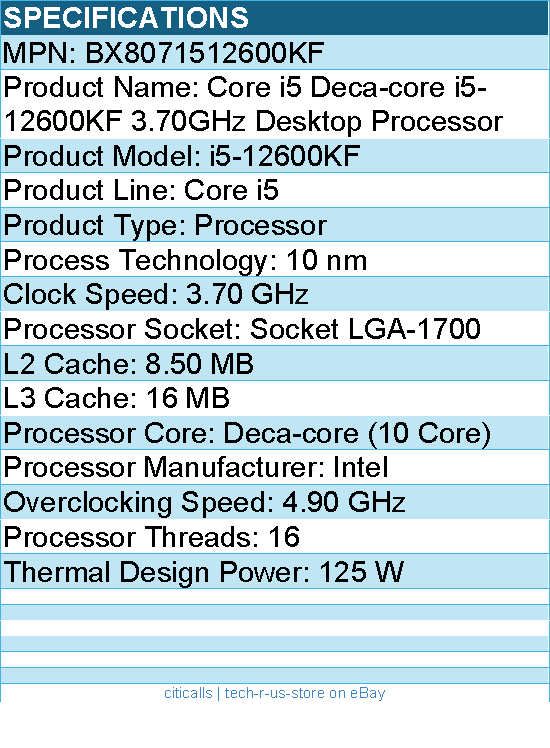 Intel BX8071512600KF Core i5 i5-12600KF (10 Core) 3.70 GHz Processor