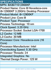 Intel BX8071512900KF Core i9 i9-12900KF (16 Core) 3.20 GHz Processor