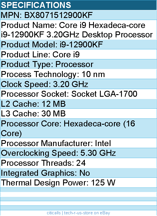 Intel BX8071512900KF Core i9 i9-12900KF (16 Core) 3.20 GHz Processor