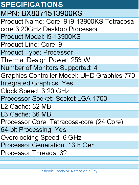 Intel BX8071513900KS Core i9 (13th Gen) i9-13900KS (24 Core) 3.20 GHz Processor