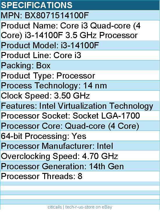 Intel BX8071514100F Core i3 (14th Gen)  4 Core 3.50 GHz Processor