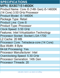Intel BX8071514600K Core i5 (14th Gen) i5-14600K (14 Core) 3.50 GHz Processor