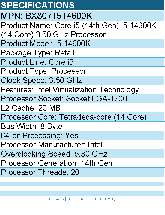 Intel BX8071514600K Core i5 (14th Gen) i5-14600K (14 Core) 3.50 GHz Processor