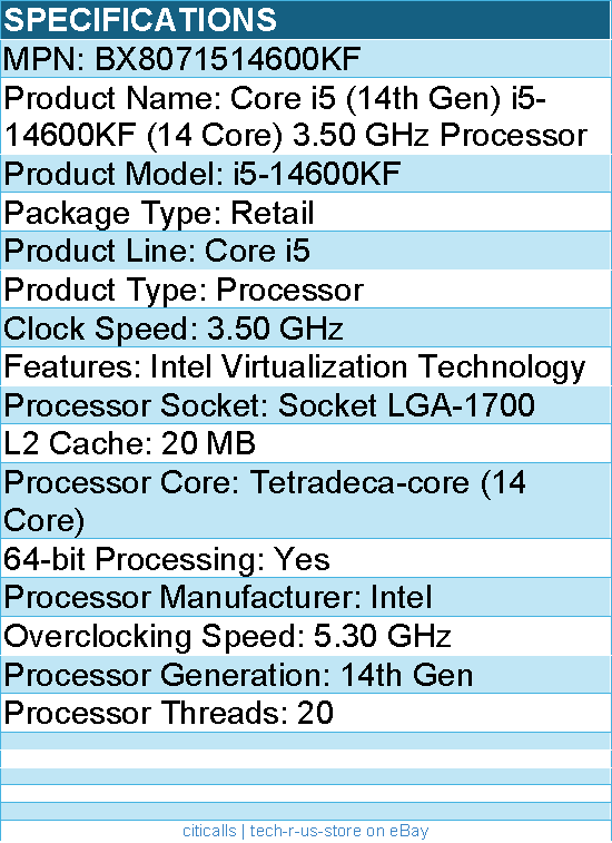 Intel BX8071514600KF Core i5 (14th Gen) i5-14600KF (14 Core) 3.50 GHz Processor