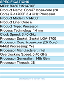Intel BX8071514700F Core i7 (14th Gen) i7-14700F (20 Core) 3.40 GHz Processor