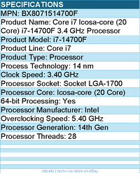 Intel BX8071514700F Core i7 (14th Gen) i7-14700F (20 Core) 3.40 GHz Processor