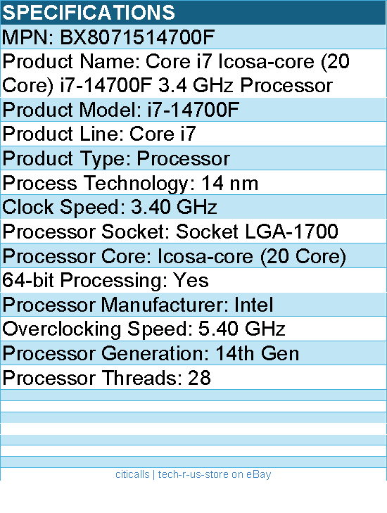 Intel BX8071514700F Core i7 (14th Gen) i7-14700F (20 Core) 3.40 GHz Processor