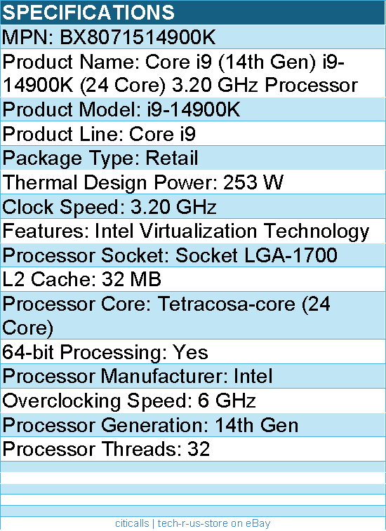 Intel BX8071514900K Core i9 (14th Gen) i9-14900K (24 Core) 3.20 GHz Processor
