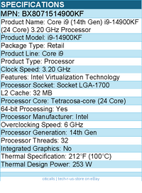 Intel BX8071514900KF Core i9 (14th Gen) i9-14900KF (24 Core) 3.20 GHz Processor