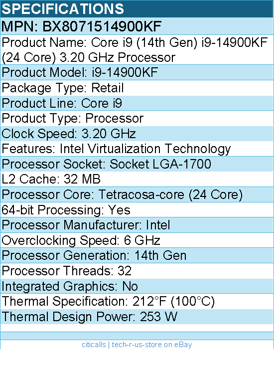 Intel BX8071514900KF Core i9 (14th Gen) i9-14900KF (24 Core) 3.20 GHz Processor