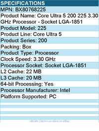 Intel BX80768225 Core Ultra 5 200 225 3.30 GHz Processor - Socket LGA-1851
