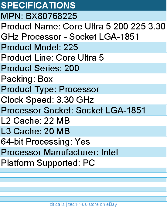 Intel BX80768225 Core Ultra 5 200 225 3.30 GHz Processor - Socket LGA-1851