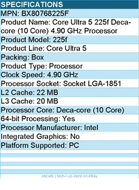 Intel BX80768225F Core Ultra 5 225f Deca-core (10 Core) 4.90 GHz Processor