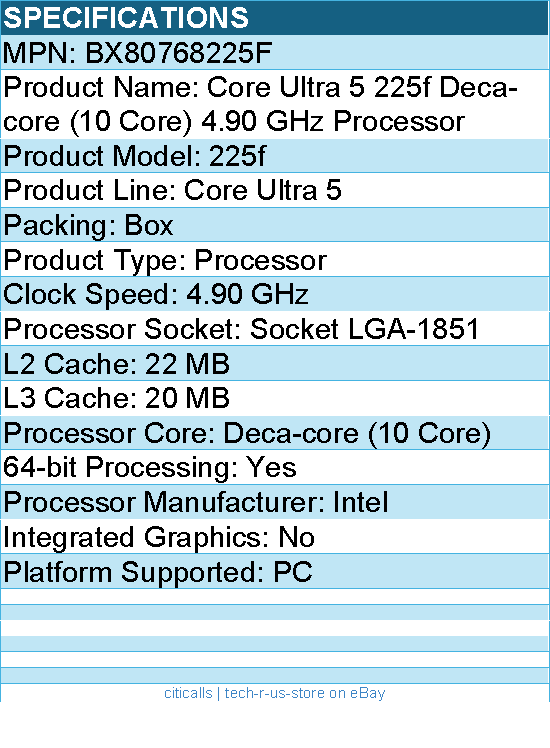 Intel BX80768225F Core Ultra 5 225f Deca-core (10 Core) 4.90 GHz Processor