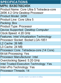 Intel BX80768245K Core Ultra 5 245K (14 Core) 4.20 GHz Processor