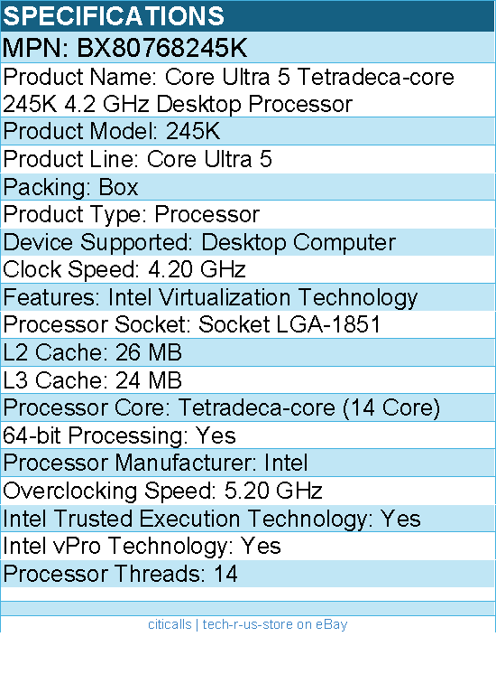 Intel BX80768245K Core Ultra 5 245K (14 Core) 4.20 GHz Processor