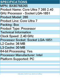 Intel BX80768265 Core Ultra 7 265 2.40 GHz Processor - Socket LGA-1851