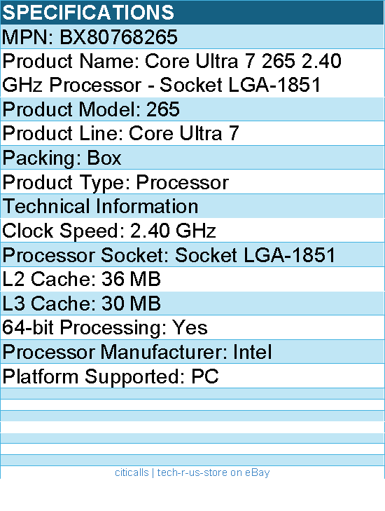 Intel BX80768265 Core Ultra 7 265 2.40 GHz Processor - Socket LGA-1851