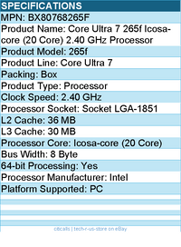 Intel BX80768265F Core Ultra 7 265f Icosa-core (20 Core) 2.40 GHz Processor
