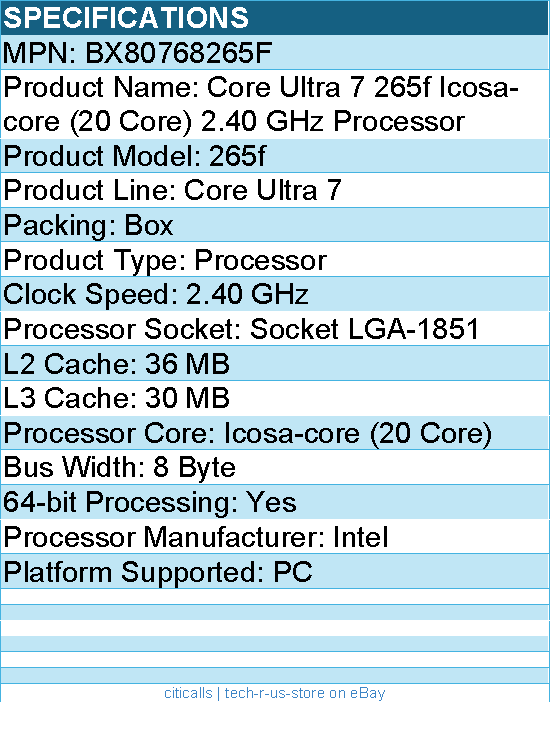 Intel BX80768265F Core Ultra 7 265f Icosa-core (20 Core) 2.40 GHz Processor