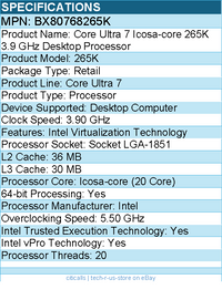 Intel BX80768265K Core Ultra 7 Icosa-core 265K 3.9 GHz Desktop Processor