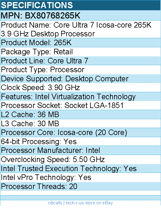 Intel BX80768265K Core Ultra 7 Icosa-core 265K 3.9 GHz Desktop Processor